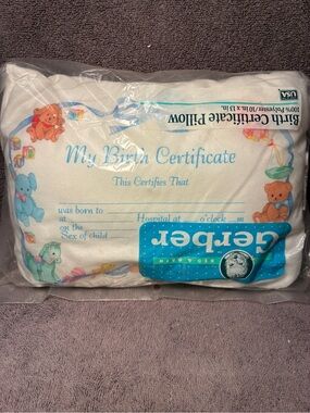 VTG NEW Gerber Birth Certificate Pillow 10”x13” White Blue Writing Baby Gift